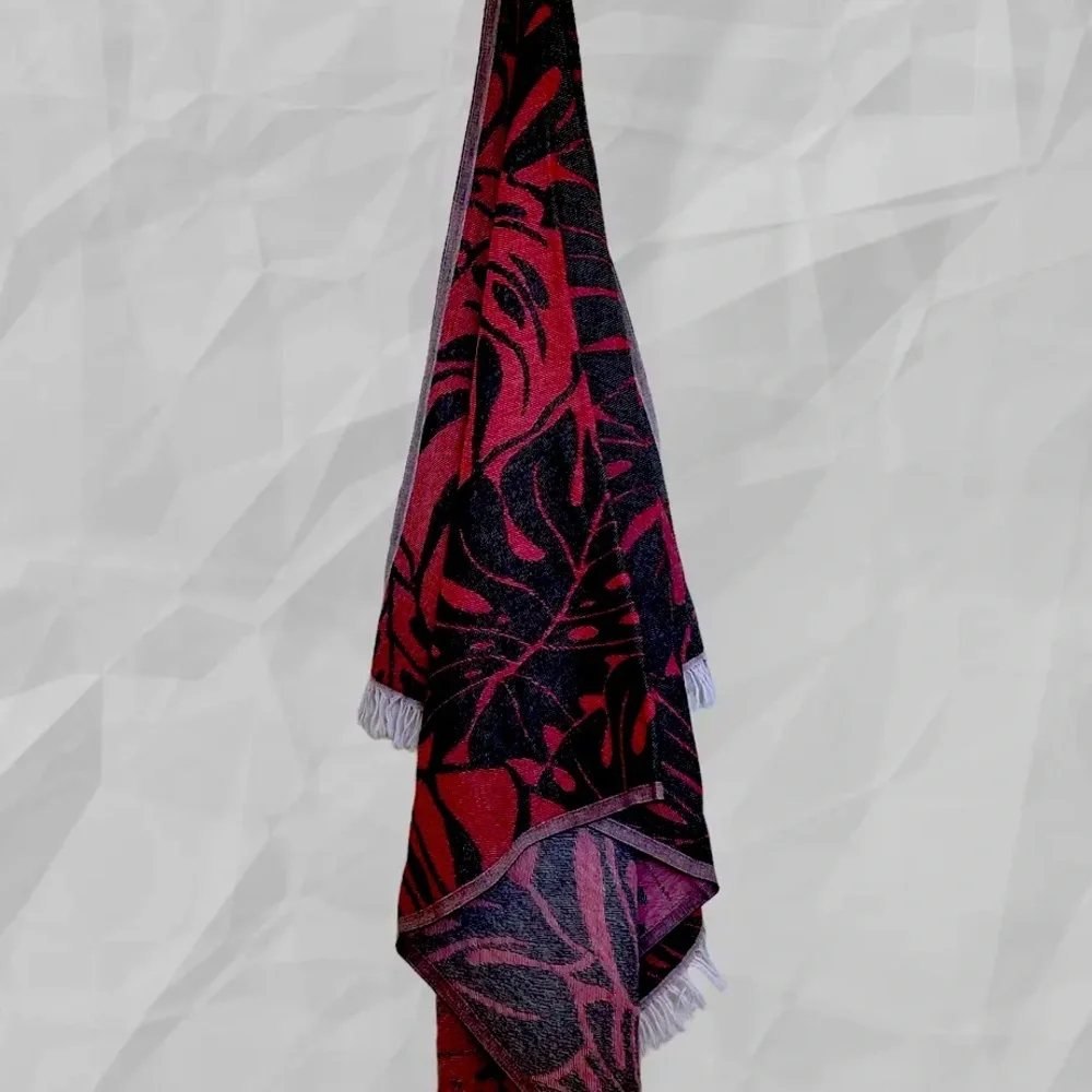 Red + Black Modern Monstera Travel Blanket Towel Wrap Organic Cotton New